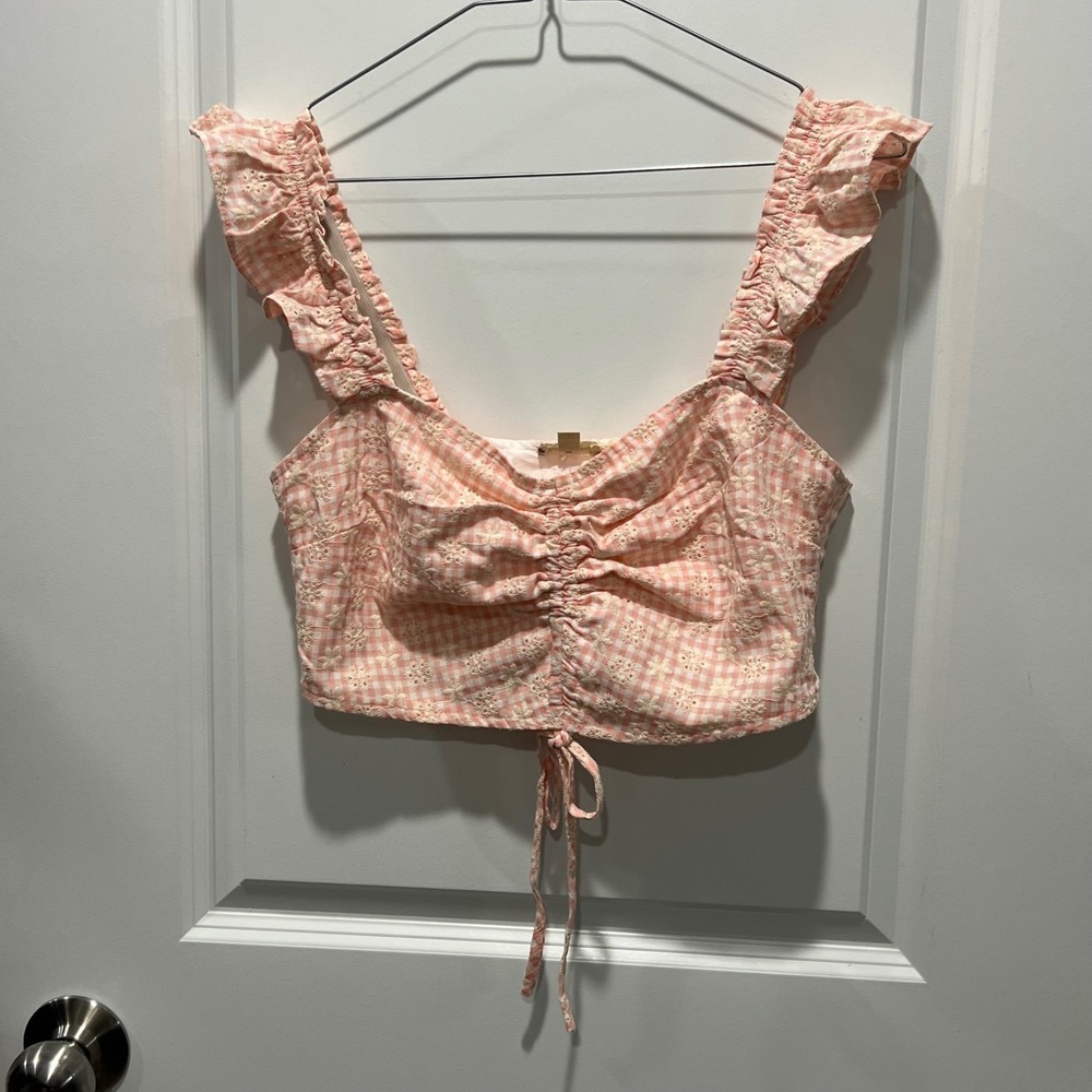 Hem & Thread Womens Crop Top Gingham Eyelet Ruffle Pink Small